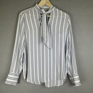 Loft Women's Blouse Blue White Striped Long Sleeve Tie Neck Top Shirt Small